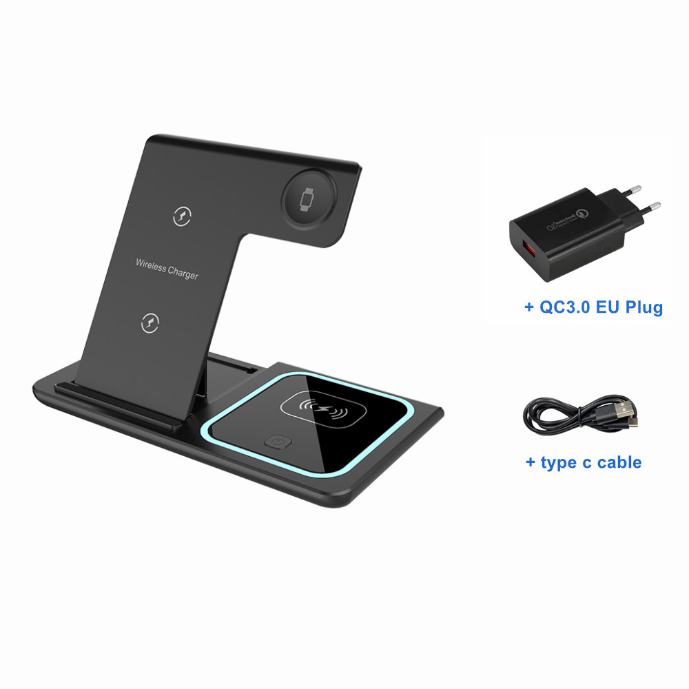 Incarcator wireless 3 in 1, pliabil, negru, ceas, telefon, - imagine 4
