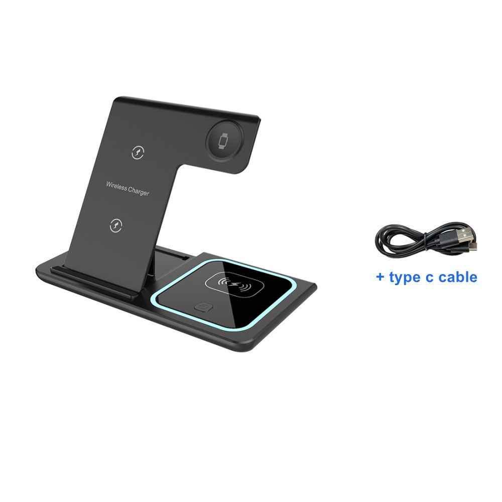 Incarcator wireless 3 in 1, pliabil, negru, ceas, telefon, - imagine 3