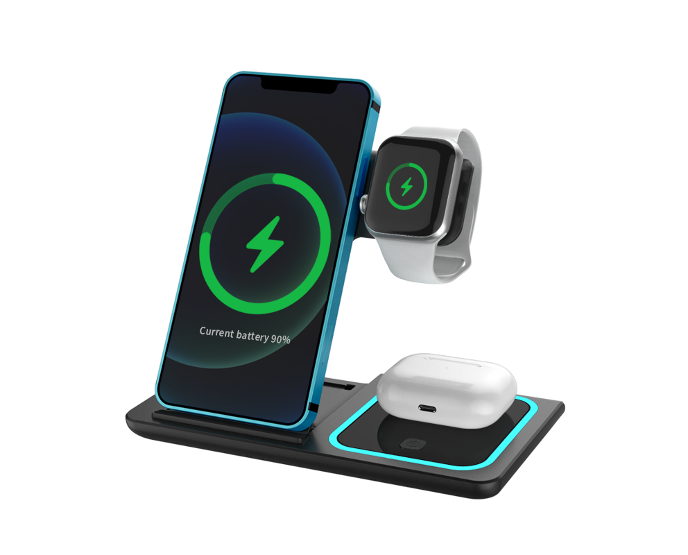 Incarcator wireless 3 in 1, pliabil, negru, ceas, telefon, - imagine 2