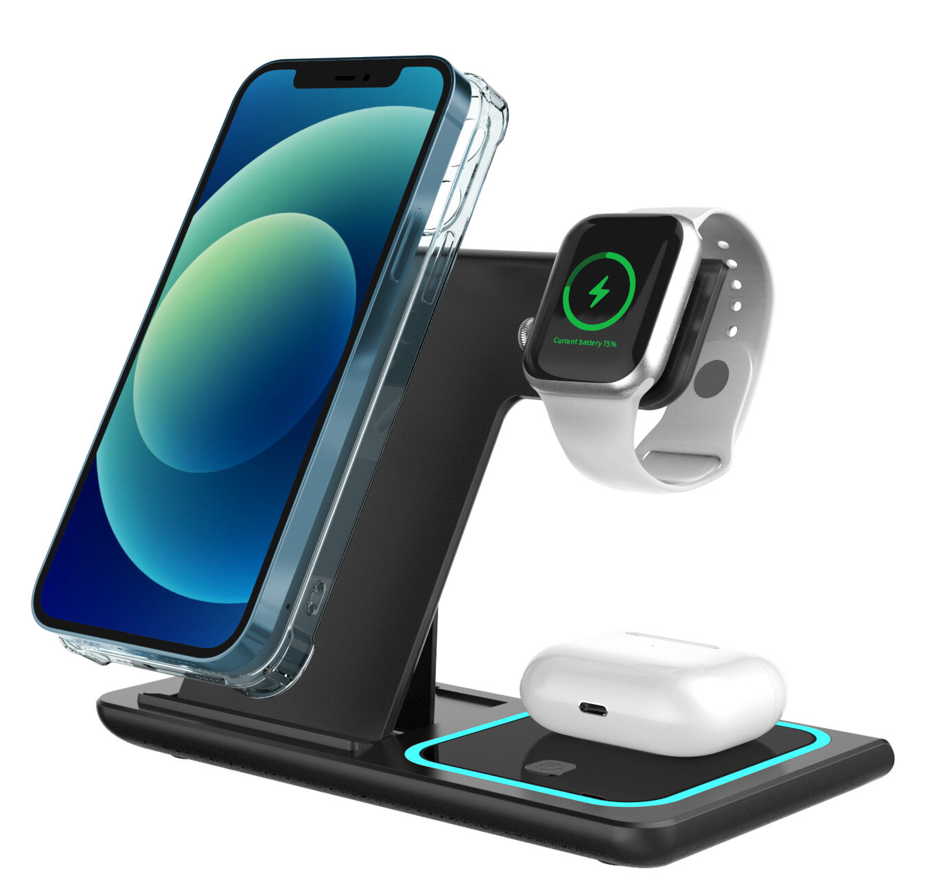 Incarcator wireless 3 in 1, pliabil, negru, ceas, telefon,