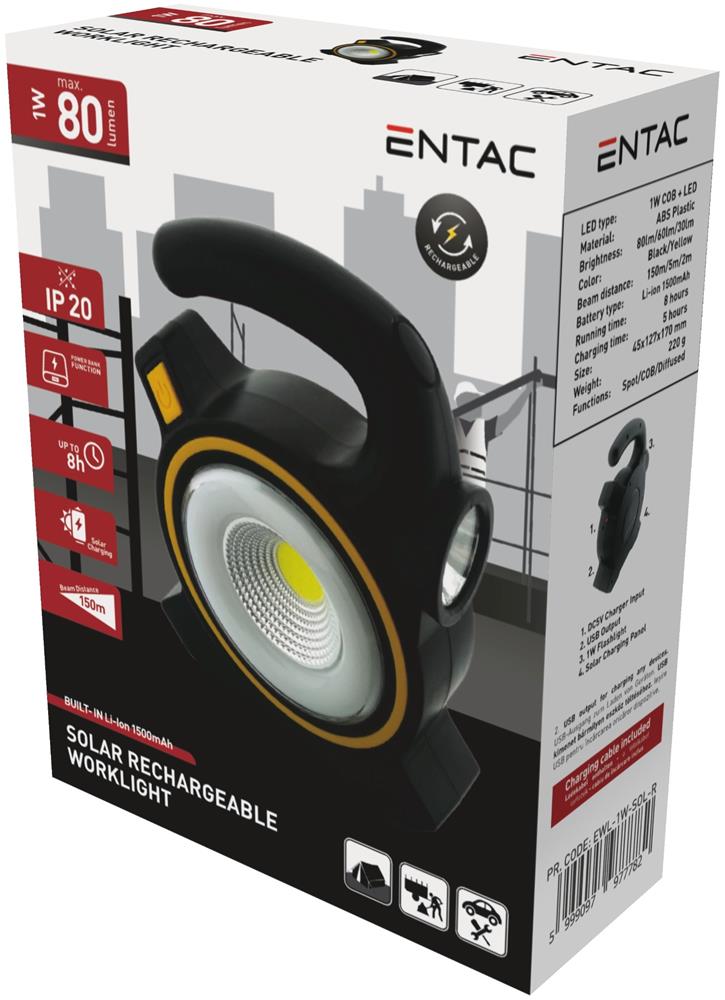 Lanterna solara reincarcabila ENTAC, 1W, 80 lumeni, 3 surse de lumina, iesire USB - imagine 3